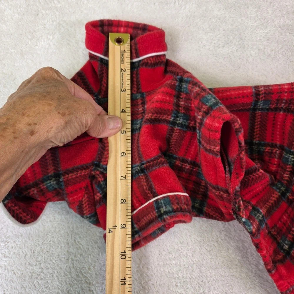 Red Black Plaid Fleece Dog Pajamas Medium Velcro Closure Holiday Pet Onesie